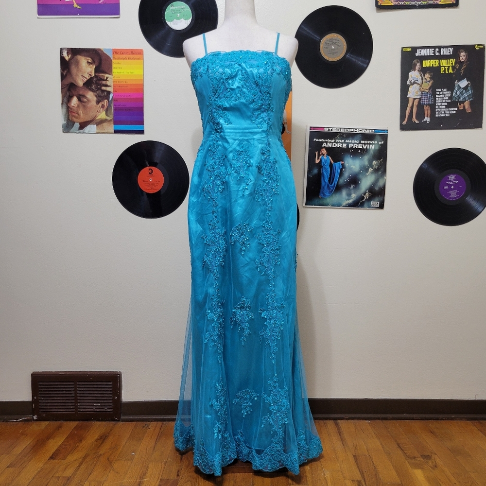Tally Taylor | Blue Mesh & Lace Prom Dress